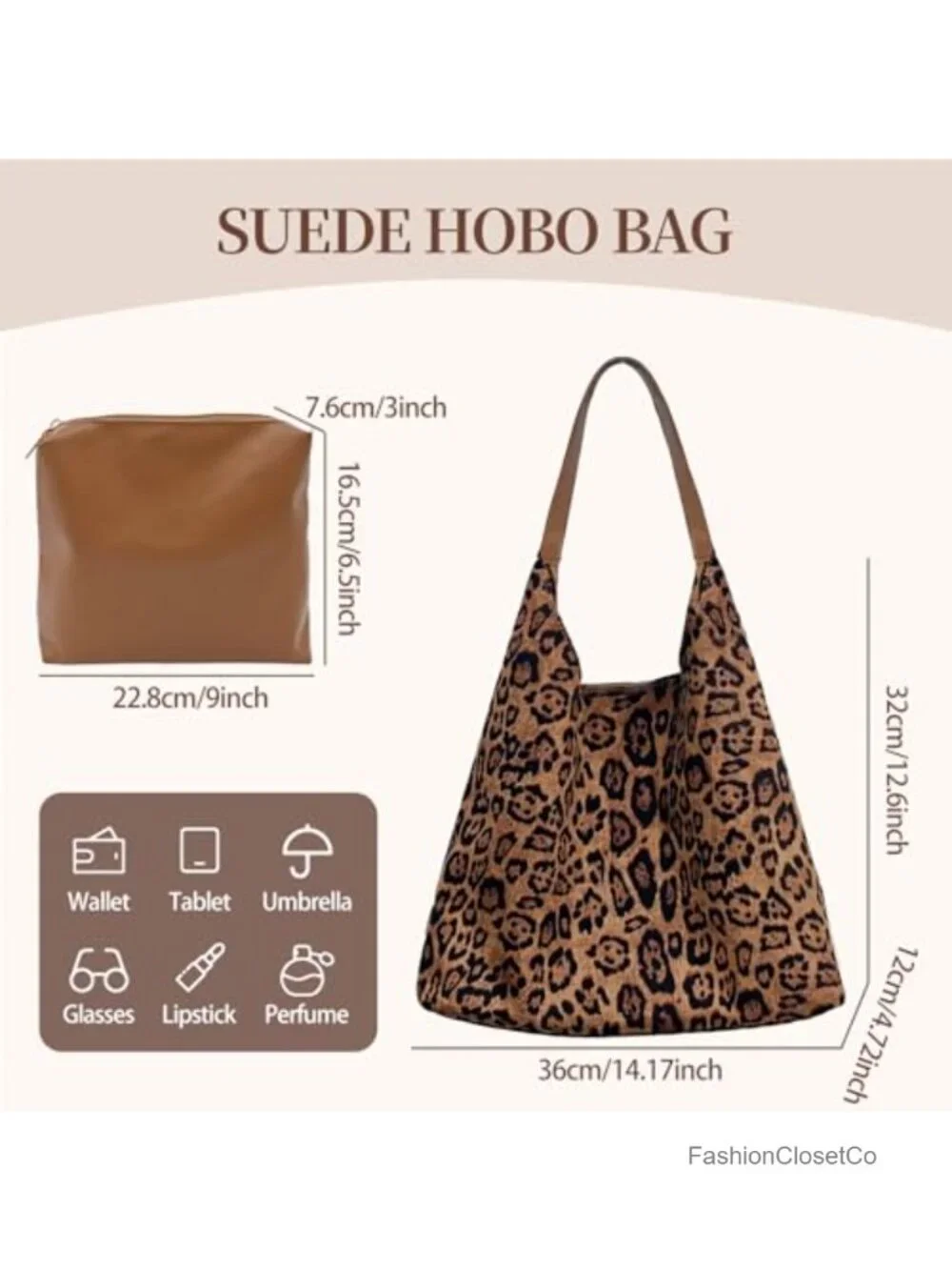 Faux Suede Leopard Print Hobo Bag with Detachable Strap